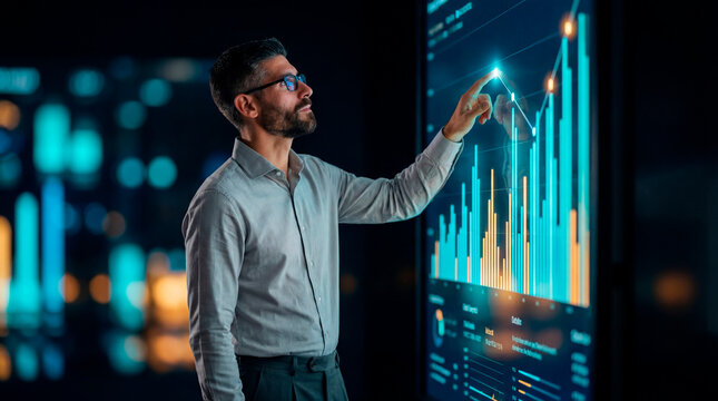 Business executive analyzing financial growth metrics on an interactive dashboard