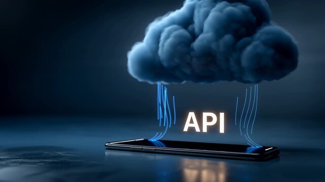 Clouds gather above a smartphone, representing the flow of data. This display illustrates how APIs enable seamless communication between different software systems in todays digital world.