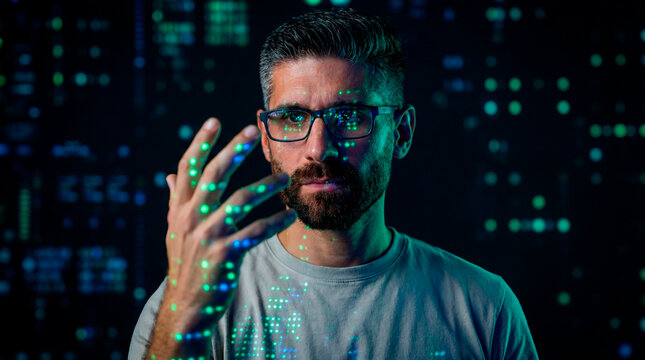 Data scientist examining digital data patterns in a technology environment