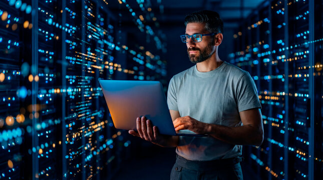 IT specialist working on a laptop inside a server room