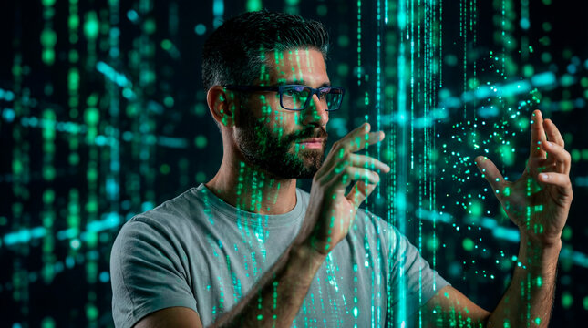 Technology specialist manipulating digital code through an interactive interface