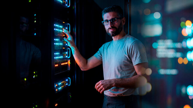 IT technician checking server equipment inside a data center