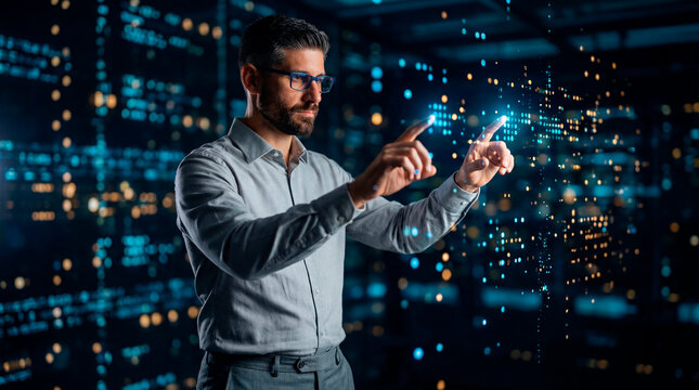 Data analyst manipulating digital information through an interactive interface