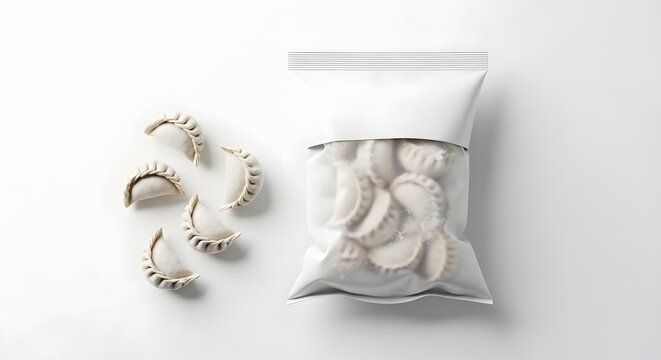 Frozen Dumplings Packaging Mockup with Raw Gyoza on White Background