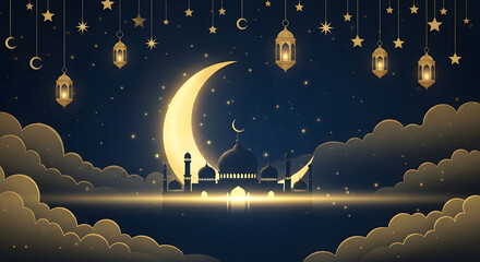 A serene night scene with a crescent moon and a group of people on a boat under the stars Vector