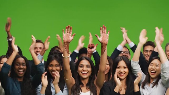Diverse Group of Business Professionals Celebrating Success with Applause and Thumbs Up on Green Screen.