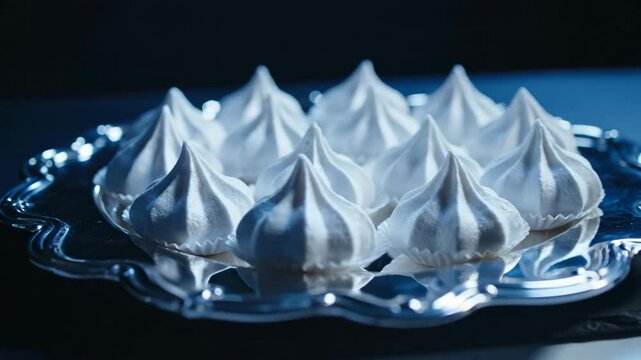 Meringue cookies presented on silver platter with delicate peaks and airy texture. Meringue cookies are perfect for dessert tables, parties, or special occasions, adding elegance to any gathering.
