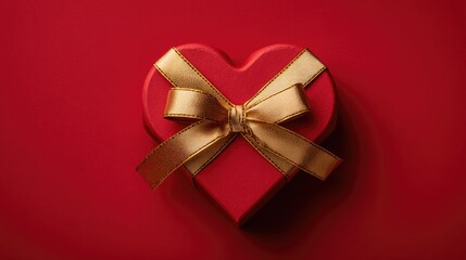 Red Heart Gift Box with Golden Ribbon on Valentine Background