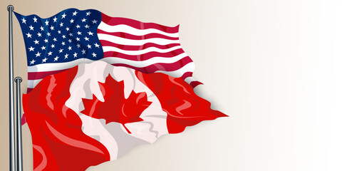 Obraz premium Canada and American US flags. Crisis, competition tensions, tax, tariffs, trade, partnership, sanctions, duties partnerships between US and others, tariffs on goods, trade war, tax economic concept. 