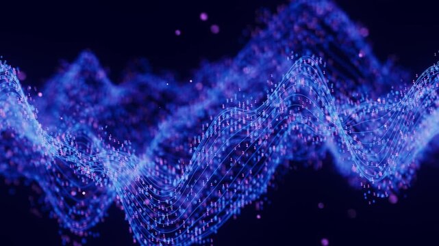 Futuristic technology binary digital wave motion with cloud data points. Cyberspace AI data flow concept. Abstract digital wave with moving numbers. Big data analysis animation.