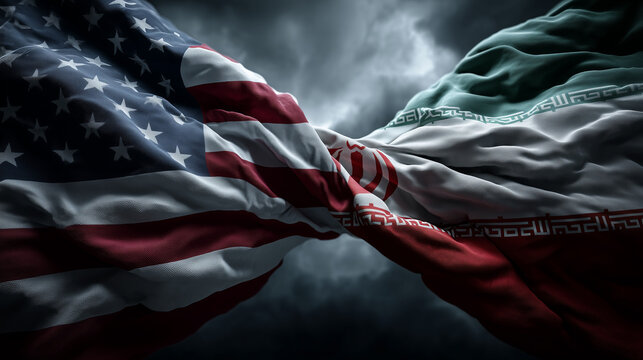 American and Iranian flags intertwined against a dramatic stormy sky background, for themes about historical tensions, diplomatic negotiations, sanctions, nuclear disputes and military pressure