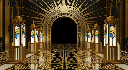 Grand ballroom with ornate chandeliers and elegant decor Vector