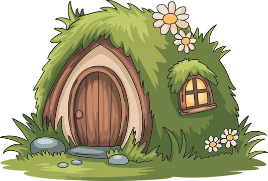 Whimsical fantasy grass-covered house illustration with wooden door, glowing window, daisies, stones, and nature-inspired design for fairy tale, gnome, hobbit, or game art