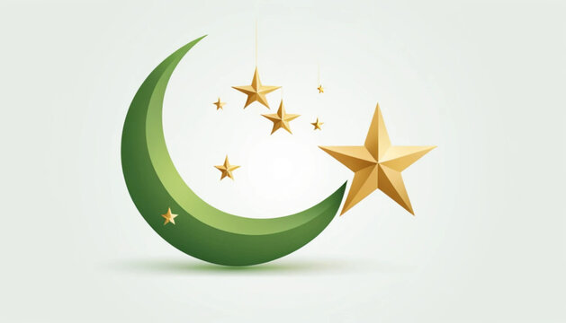 3d crescent moon and star icon, eid al fitr theme, glossy gold material, soft shadow, modern 3d illustration
