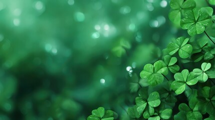 Lush green clover leaves with soft focus background and sparkling bokeh.