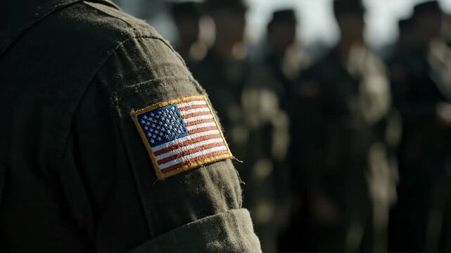 Soldier in uniform with united states flag patch at outdoor event