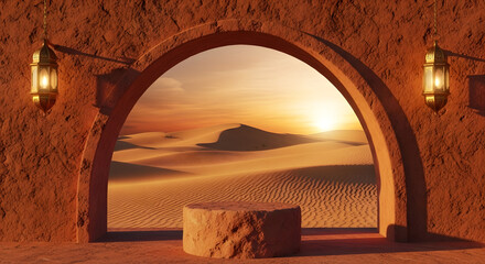 Sunset view through an archway with a table and chairs in the foreground. Vector