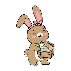 Fototapeta premium Cute cartoon brown bunny rabbit carrying a wicker basket filled with colorful decorated Easter eggs, isolated on a white background.