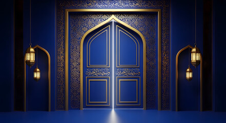 A grand entrance with ornate doors and lanterns in a majestic hall Vector