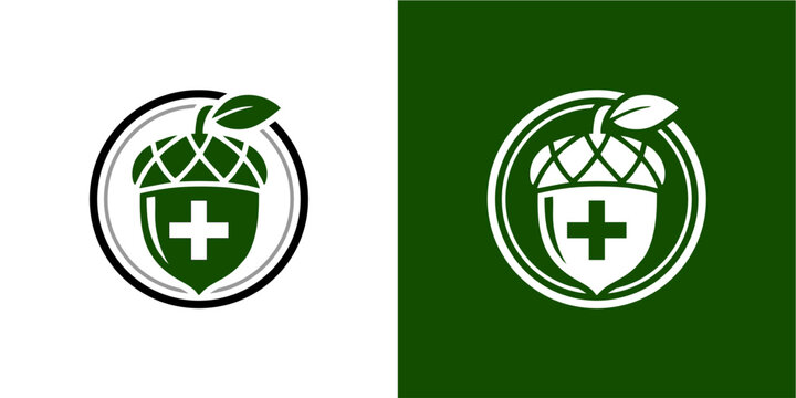 Green acorn logo with a white...