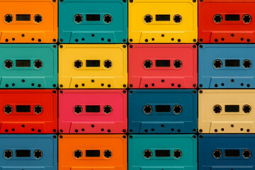 Colorful retro audio cassette tapes background.
