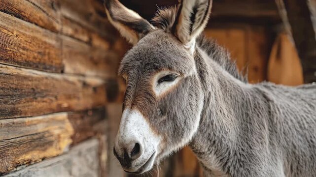 Grey donkey near village wooden barn