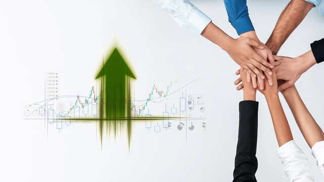Diverse hands come together, symbolizing teamwork and support for business growth, illustrated with financial graphs and an upward arrow denoting success. Raster