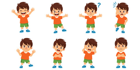 Cute cartoon boy emotions set happy sad excited jumping isolated © FatemaStock