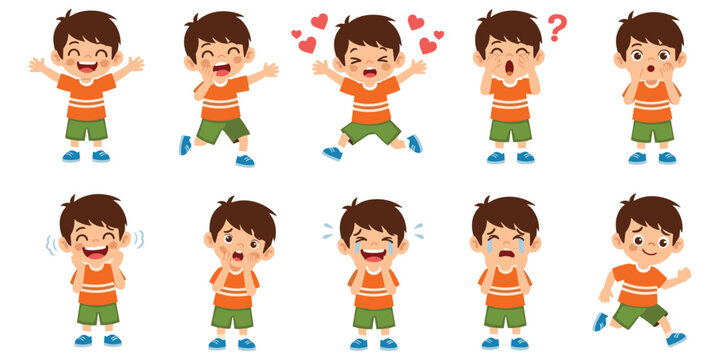 Cartoon boy emotions set happy sad angry surprised kids vector illustration