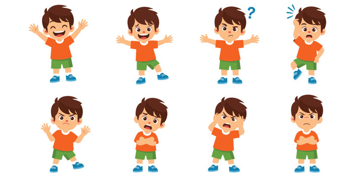 Cute cartoon boy emotions set happy sad excited jumping isolated
