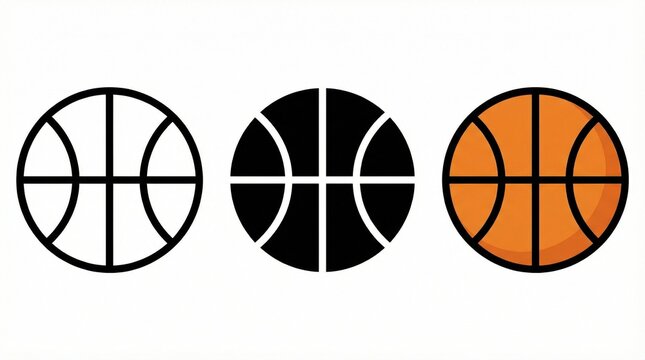 "Three stylized basketball icons arranged horizontally, each with distinct color schemes: white with black seams, black with white seams, and orange with black seams resembling a traditional basketbal