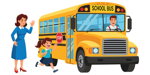 Children waving goodbye to school bus driver with happy kids illustration © FatemaStock