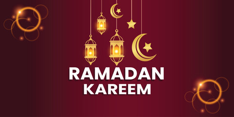 Naklejka premium A Ramadan Kareem greeting card with hanging lanterns and crescent moon on a maroon background
