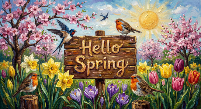 Vibrant oil painting of Hello Spring wooden sign in a blooming garden with birds, daffodils, tulips, and crocuses, featuring thick impasto texture and expressive brushstrokes