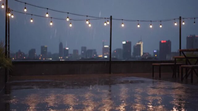 Rainy rooftop scene with glowing string lights against a blurred city skyline backdrop.