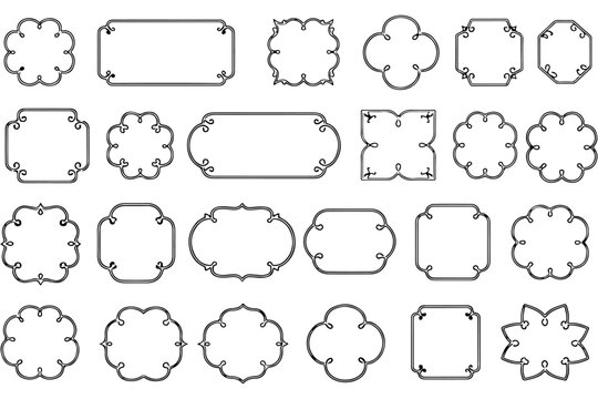 Collection of vintage ornate line frames and borders with decorative curved corners, floral scroll elements, elegant labels, badges and scalloped outline templates isolated on white
