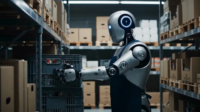 A sleek, futuristic robot efficiently manages and organizes inventory within a modern warehouse, showcasing innovation and the future of logistics.