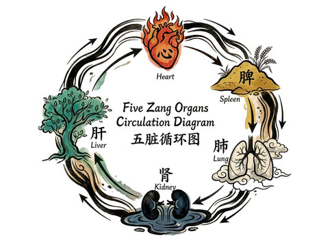 Traditional Chinese Medicine Concept Five Zang Organs Circulation Diagram Illustration, Holistic Health Cycle, Generative AI