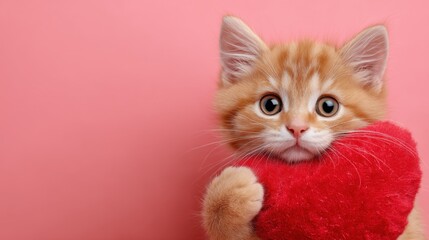 Obraz premium Adorable orange kitten holding red heart on pink background.