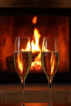 Champagne wine in glasses in front of the warm fireplace