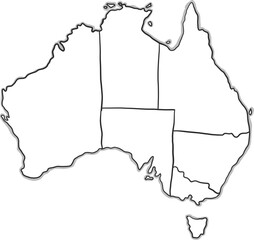 Outline map of australia showing state and territory borders in black and white © Siam