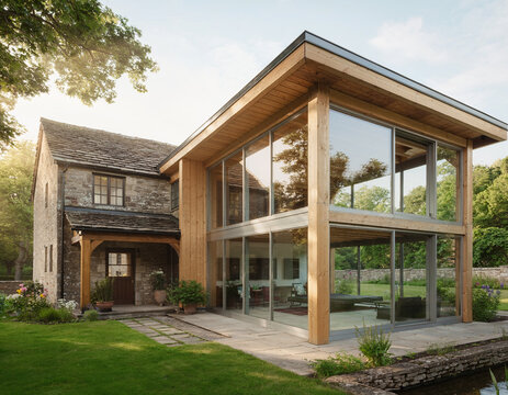 Contemporary timber-framed addition to a classic residence highlighting its architectural design and seamless integration with the surrounding garden.