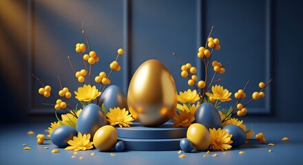 Fototapeta premium Easter celebration with golden egg and yellow flowers decorations