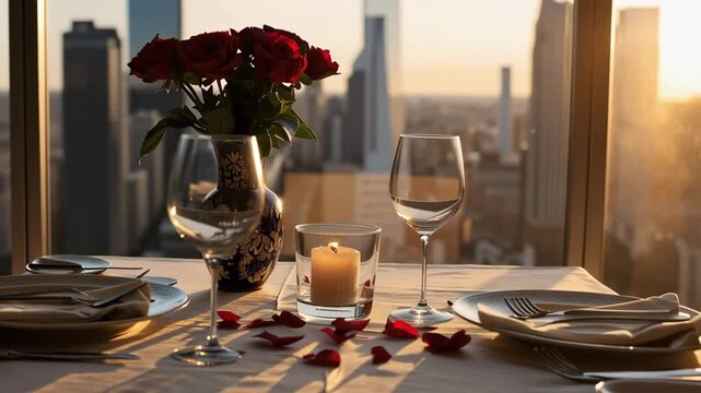 Romantic dinner table set by window with city skyline at sunset, candlelight date night with roses wine glasses and rose petals