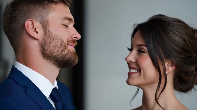 Groom kissing bride on cheek as she smiles, joyful wedding couple portrait with romantic tenderness and celebration mood