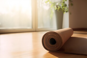 Yoga mat rolled up on a wooden floor in front of a window, with a plant in the background