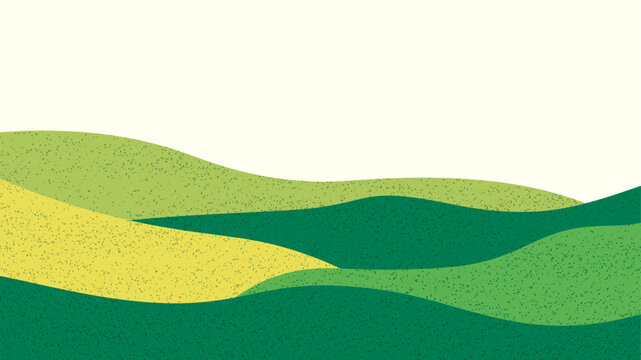 Abstract green agricultural landscape. Rural wheat field texture. Tea and rice plantations. Panoramic eco agro collage. Nature vector illustration. Horizontal landscape background. Poster or banner.