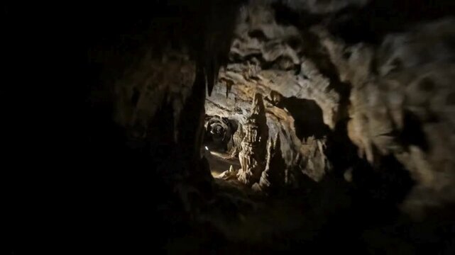 Mysterious cavern illuminated, showcasing intriguing geological formations, creating a sense of adventure and wonder. drone flying perspective 