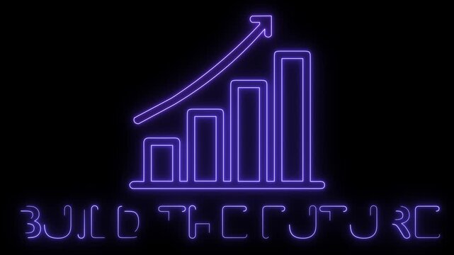 Neon glowing bar chart with rising arrow and "Build The Future" text animation. Concept of business growth, success, and financial planning