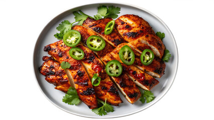 Spicy grilled chicken breast slices with jalape&ntilde;os and cilantro on a plate, isolated on transparent background